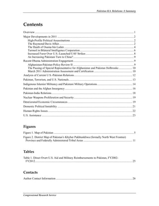 Pakistan-U.S. Relations: A Summary
Congressional Research Service
Contents
Overview....................................................................................................................................1
Major Developments in 2011 ......................................................................................................2
High-Profile Political Assassinations.....................................................................................2
The Raymond Davis Affair....................................................................................................2
The Death of Osama bin Laden .............................................................................................4
Turmoil in Bilateral Intelligence Cooperation........................................................................6
Increased Furor Over U.S.-Launched UAV Strikes ................................................................8
An Increasing Pakistani Turn to China?.................................................................................9
Recent Obama Administration Engagement.................................................................................9
Afghanistan-Pakistan Policy Review II .................................................................................9
The Passing of Special Representative for Afghanistan and Pakistan Holbrooke..................10
March 2011 Administration Assessment and Certification ...................................................10
Analysis of Current U.S.-Pakistan Relations..............................................................................12
Pakistan, Terrorism, and U.S. Nationals.....................................................................................13
Indigenous Islamist Militancy and Pakistani Military Operations...............................................14
Pakistan and the Afghan Insurgency..........................................................................................16
Pakistan-India Relations............................................................................................................18
Nuclear Weapons Proliferation and Security..............................................................................19
Deteriorated Economic Circumstances ......................................................................................19
Domestic Political Instability ....................................................................................................21
Human Rights Issues.................................................................................................................22
U.S. Assistance .........................................................................................................................23
Figures
Figure 1. Map of Pakistan ...........................................................................................................5
Figure 2. District Map of Pakistan’s Khyber Pakhtunkhwa (formally North West Frontier)
Province and Federally Administered Tribal Areas ................................................................. 11
Tables
Table 1. Direct Overt U.S. Aid and Military Reimbursements to Pakistan, FY2002-
FY2012..................................................................................................................................25
Contacts
Author Contact Information ......................................................................................................26
 