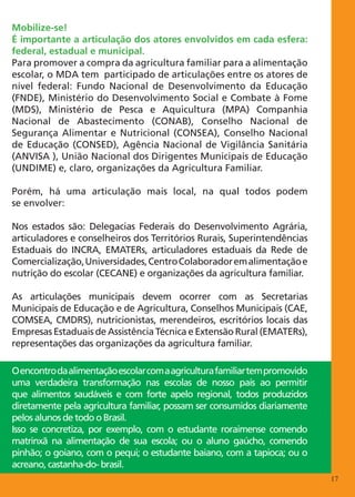 Mobilize-se!
É importante a articulação dos atores envolvidos em cada esfera:
federal, estadual e municipal.
Para promover a compra da agricultura familiar para a alimentação
escolar, o MDA tem participado de articulações entre os atores de
nível federal: Fundo Nacional de Desenvolvimento da Educação
(FNDE), Ministério do Desenvolvimento Social e Combate à Fome
(MDS), Ministério de Pesca e Aquicultura (MPA) Companhia
Nacional de Abastecimento (CONAB), Conselho Nacional de
Segurança Alimentar e Nutricional (CONSEA), Conselho Nacional
de Educação (CONSED), Agência Nacional de Vigilância Sanitária
(ANVISA ), União Nacional dos Dirigentes Municipais de Educação
(UNDIME) e, claro, organizações da Agricultura Familiar.

Porém, há uma articulação mais local, na qual todos podem
se envolver:

Nos estados são: Delegacias Federais do Desenvolvimento Agrária,
articuladores e conselheiros dos Territórios Rurais, Superintendências
Estaduais do INCRA, EMATERs, articuladores estaduais da Rede de
Comercialização, Universidades, Centro Colaborador em alimentação e
nutrição do escolar (CECANE) e organizações da agricultura familiar.

As articulações municipais devem ocorrer com as Secretarias
Municipais de Educação e de Agricultura, Conselhos Municipais (CAE,
COMSEA, CMDRS), nutricionistas, merendeiros, escritórios locais das
Empresas Estaduais de Assistência Técnica e Extensão Rural (EMATERs),
representações das organizações da agricultura familiar.

O encontro da alimentação escolar com a agricultura familiar tem promovido
uma verdadeira transformação nas escolas de nosso país ao permitir
que alimentos saudáveis e com forte apelo regional, todos produzidos
diretamente pela agricultura familiar, possam ser consumidos diariamente
pelos alunos de todo o Brasil.
Isso se concretiza, por exemplo, com o estudante roraimense comendo
matrinxã na alimentação de sua escola; ou o aluno gaúcho, comendo
pinhão; o goiano, com o pequi; o estudante baiano, com a tapioca; ou o
acreano, castanha-do- brasil.
                                                                             17
 
