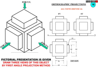 FOR T.V.
                                   ORTHOGRAPHIC PROJECTIONS         16
                                            ALL VIEWS IDENTICAL

                                       FV                      SV




                             x                                           y
                                                     10




                                                    40    60




PICTORIAL PRESENTATION IS GIVEN                     TOP VIEW
                                       40
 DRAW THREE VIEWS OF THIS OBJECT
BY FIRST ANGLE PROJECTION METHOD       60
 