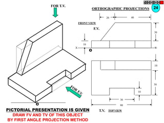 FOR T.V.
                                       ORTHOGRAPHIC PROJECTIONS            24

                                                     20          40

                                FRONT VIEW

                                           F.V.
                                                                           30



                                  10
                            X                                              Y
                                       O



                                                                           10




                                                                           30

                                                                      10

                                                            30
           O                                                80
PICTORIAL PRESENTATION IS GIVEN               T.V.    TOP VIEW
   DRAW FV AND TV OF THIS OBJECT
BY FIRST ANGLE PROJECTION METHOD
 