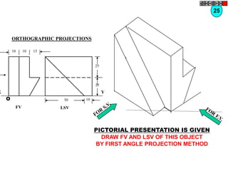 25



        ORTHOGRAPHIC PROJECTIONS

        10    10   15


                                   25




                                   25
X                                       Y
    O                    50   10

         FV             LSV




                                   PICTORIAL PRESENTATION IS GIVEN
                                     DRAW FV AND LSV OF THIS OBJECT
                                   BY FIRST ANGLE PROJECTION METHOD
 