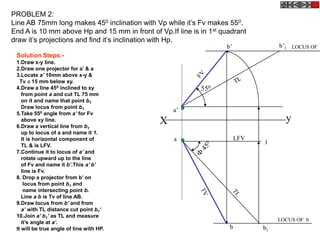PROBLEM 2:
Line AB 75mm long makes 450 inclination with Vp while it’s Fv makes 550.
End A is 10 mm above Hp and 15 mm in front of Vp.If line is in 1st quadrant
draw it’s projections and find it’s inclination with Hp.
                                                                    b’              b’1 LOCUS OF b
 Solution Steps:-
 1.Draw x-y line.
 2.Draw one projector for a‟ & a
 3.Locate a’ 10mm above x-y &
   Tv a 15 mm below xy.
 4.Draw a line 450 inclined to xy                           550
    from point a and cut TL 75 mm
    on it and name that point b1
    Draw locus from point b1
                                                   a’
 5.Take 550 angle from a’ for Fv
    above xy line.                             X                                      y
 6.Draw a vertical line from b1
    up to locus of a and name it 1.
    It is horizontal component of                  a                     LFV
    TL & is LFV.
                                                                               1
 7.Continue it to locus of a’ and
    rotate upward up to the line
    of Fv and name it b’.This a’ b’
    line is Fv.
 8. Drop a projector from b‟ on
     locus from point b1 and
     name intersecting point b.
    Line a b is Tv of line AB.
 9.Draw locus from b’ and from
    a’ with TL distance cut point b1‘
 10.Join a’ b1’ as TL and measure
    it‟s angle at a’.                                                               LOCUS OF b
 It will be true angle of line with HP.                              b         b1
 