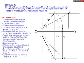 PROBLEM 4 :-
     Line AB is 75 mm long .It‟s Fv and Tv measure 50 mm & 60 mm long respectively.
     End A is 10 mm above Hp and 15 mm in front of Vp. Draw projections of line AB
     if end B is in first quadrant.Find angle with Hp and Vp.
                                                                  b’                b’1

SOLUTION STEPS:
1.Draw xy line and one projector.
2.Locate a’ 10 mm above xy and
 a 15 mm below xy line.
3.Draw locus from these points.
4.Cut 60mm distance on locus of a’                                    LTV          1’
  & mark 1’ on it as it is LTV.                   a’
5.Similarly Similarly cut 50mm on             X                                           Y
  locus of a and mark point 1 as it is LFV.
6.From 1’ draw a vertical line upward
                                                  a                LFV
  and from a’ taking TL ( 75mm ) in                                           1
                                                       
  compass, mark b’1 point on it.
  Join a’ b’1 points.
7. Draw locus from b’1
8. With same steps below get b1 point
   and draw also locus from it.
9. Now rotating one of the components
   I.e. a-1 locate b’ and join a’ with it
   to get Fv.
10. Locate tv similarly and measure
     Angles  & 
                                                                              b1
                                                                   b
 