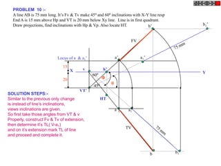 PROBLEM 10 :-
  A line AB is 75 mm long. It’s Fv & Tv make 450 and 600 inclinations with X-Y line resp
  End A is 15 mm above Hp and VT is 20 mm below Xy line. Line is in first quadrant.
  Draw projections, find inclinations with Hp & Vp. Also locate HT.           b’                b1’


                                                                     FV


                           Locus of a & a1’                    a’         a1’

                              15
                                   X     v            h’
                                                                                                Y
                                               600
                              20                     
                                                           
                                               450
                                       VT’
SOLUTION STEPS:-
Similar to the previous only change                  HT
is instead of line’s inclinations,
views inclinations are given.                                  a    a1
So first take those angles from VT & v
Properly, construct Fv & Tv of extension,
then determine it’s TL( V-a1)
                                                                    TV
and on it’s extension mark TL of line
and proceed and complete it.



                                                                                b          b1
 