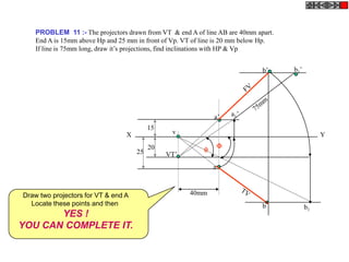 PROBLEM 11 :- The projectors drawn from VT & end A of line AB are 40mm apart.
    End A is 15mm above Hp and 25 mm in front of Vp. VT of line is 20 mm below Hp.
    If line is 75mm long, draw it’s projections, find inclinations with HP & Vp


                                                                              b’     b1’




                                                               a’      a1’

                                          15
                                 X              v                                               Y
                                          20                       
                                     25                    
                                               VT’
                                                               a



Draw two projectors for VT & end A                    40mm
  Locate these points and then                                                b            b1
       YES !
YOU CAN COMPLETE IT.
 