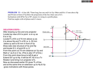 PROBLEM 13 :- A line AB, 75mm long, has one end A in Vp. Other end B is 15 mm above Hp
      and 50 mm in front of Vp.Draw the projections of the line when sum of it’s
      Inclinations with HP & Vp is 900, means it is lying in a profile plane.
      Find true angles with ref.planes and it’s traces.



                                                               VT        (VT)   a”
                                                              a’
SOLUTION STEPS:-
                                                                                            Side View
After drawing xy line and one projector            Front view                             ( True Length )




                                                                           VP
Locate top view of A I.e point a on xy as
It is in Vp,                                                   b’                                 b”
Locate Fv of B i.e.b’15 mm above xy as                         a                                           (HT)
                                                    X                                HP                            Y
it is above Hp.and Tv of B i.e. b, 50 mm
 below xy asit is 50 mm in front of Vp
Draw side view structure of Vp and Hp               top view
and locate S.V. of point B i.e. b’’
From this point cut 75 mm distance on Vp and
Mark a’’ as A is in Vp. (This is also VT of line.)             b
From this point draw locus to left & get a’                  HT
Extend SV up to Hp. It will be HT. As it is a Tv
Rotate it and bring it on projector of b.
Now as discussed earlier SV gives TL of line
and at the same time on extension up to Hp & Vp
 gives inclinations with those panes.
 