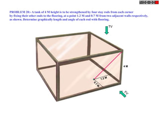 PROBLEM 20:- A tank of 4 M height is to be strengthened by four stay rods from each corner
by fixing their other ends to the flooring, at a point 1.2 M and 0.7 M from two adjacent walls respectively,
as shown. Determine graphically length and angle of each rod with flooring.

                                                                             TV




                                                                                        4M
 