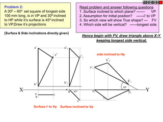 Problem 2:                                               Read problem and answer following questions
A 300 – 600 set square of longest side                   1 .Surface inclined to which plane? -------     VP
100 mm long, is in VP and 300 inclined                   2. Assumption for initial position? ------// to VP
to HP while it’s surface is 450 inclined                 3. So which view will show True shape? --- FV
to VP.Draw it’s projections                              4. Which side will be vertical? ------longest side.

(Surface & Side inclinations directly given)
                                                          Hence begin with FV, draw triangle above X-Y
                                                                 keeping longest side vertical.
                    a’                   a’1

                                  c’                     c’1
                                                                      side inclined to Hp
                                                                               c’1

                                                               a’1



                                                                                             b’1
                                         b’1
                    b’
                                                                                       300
          X                                a
                                               b   450           a1                          b1     Y
                     a           c
                     b                                                    c1
                                                     c
                    Surface // to Vp   Surface inclined to Vp
 