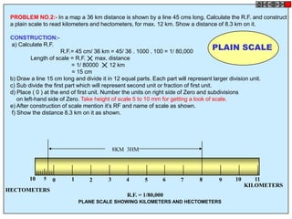 PROBLEM NO.2:- In a map a 36 km distance is shown by a line 45 cms long. Calculate the R.F. and construct
 a plain scale to read kilometers and hectometers, for max. 12 km. Show a distance of 8.3 km on it.

 CONSTRUCTION:-
 a) Calculate R.F.
                       R.F.= 45 cm/ 36 km = 45/ 36 . 1000 . 100 = 1/ 80,000
                                                                                     PLAIN SCALE
           Length of scale = R.F.      max. distance
                            = 1/ 80000      12 km
                            = 15 cm
 b) Draw a line 15 cm long and divide it in 12 equal parts. Each part will represent larger division unit.
 c) Sub divide the first part which will represent second unit or fraction of first unit.
 d) Place ( 0 ) at the end of first unit. Number the units on right side of Zero and subdivisions
     on left-hand side of Zero. Take height of scale 5 to 10 mm for getting a look of scale.
 e) After construction of scale mention it’s RF and name of scale as shown.
  f) Show the distance 8.3 km on it as shown.




                                              8KM 3HM




         10    5   0      1       2       3      4       5      6       7       8       9      10      11
                                                                                                    KILOMETERS
HECTOMETERS
                                                 R.F. = 1/80,000
                              PLANE SCALE SHOWING KILOMETERS AND HECTOMETERS
 