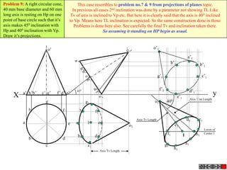 Problem 9: A right circular cone,              This case resembles to problem no.7 & 9 from projections of planes topic.
40 mm base diameter and 60 mm               In previous all cases 2nd inclination was done by a parameter not showing TL.Like
long axis is resting on Hp on one         Tv of axis is inclined to Vp etc. But here it is clearly said that the axis is 40 0 inclined
point of base circle such that it’s       to Vp. Means here TL inclination is expected. So the same construction done in those
axis makes 450 inclination with              Problems is done here also. See carefully the final Tv and inclination taken there.
Hp and 400 inclination with Vp.                               So assuming it standing on HP begin as usual.
Draw it’s projections.


                          o’                                                                     o’1

                                                                                                                              a’1
                                                                                                              h’1                     b’1

                                                                                                      g’1                              c’1


                                              450                                                      f’1                     d’1
     X     a’ h’b’    c’ g’    f’ d’ e’
                                                                                                                    e’1
                                                                                                                                                  y
                                                                                                                               Axis True Length
                         g                          g1                                                       400
               h                      f        h1         f1
                                                                                     Axis Tv Length
           a                              e   a1     1         e1
                                                                                o1
                                                                                                                                         Locus of
                                                                                                                                         Center 1
                                               b1         d1                                                              1
               b                      d
                         c                           c1
                                                               Axis Tv Length
 