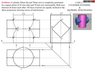 Problem: A cylinder 50mm dia.and 70mm axis is completely penetrated                    CASE 2.
by a square prism of 25 mm sides.and 70 mm axis, horizontally. Both axes         CYLINDER STANDING
Intersect & bisect each other. All faces of prism are equally inclined to Hp.             &
Draw projections showing curves of intersections.                               SQ.PRISM PENETRATING
             1’               2’ 4’        3’              4”         1”3”       2”

                a’                              a’                      a”


                     b’               b’                    d”                   b”
                     d’               d’

                c’                          c’
                                                                        c”
X                                                                                     Y

                              4




            1                               3




                          2
 