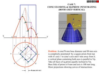 CASE 7.
                                                                      CONE STANDING & SQ.PRISM PENETRATING
                                                                              (BOTH AXES VERTICAL)

                            2’

                  1’

                                 3’

                                                5’

                                         4’
                                                             6’
X       a’ b’h’             c’g’              d’f’      e’            Y
                                     g

           h                             8
                                                        f
                                 9              7
                       10                                                 Problem: A cone70 mm base diameter and 90 mm axis
                                                        6
    a             1
                                                                  e       is completely penetrated by a square prism from top
                            2
                                                                          with it’s axis // to cone’s axis and 5 mm away from it.
                                 3                  5                     a vertical plane containing both axes is parallel to Vp.
                                         4
                                                                          Take all faces of sq.prism equally inclined to Vp.
           b                                            d
                                                                          Base Side of prism is 0 mm and axis is 100 mm long.
                                     c                                    Draw projections showing curves of intersections.
                                                5 mm OFF-SET
 