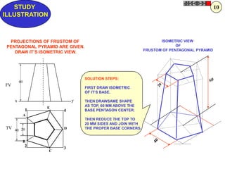 STUDY                                                                                     10
ILLUSTRATION



  PROJECTIONS OF FRUSTOM OF                                         ISOMETRIC VIEW
 PENTAGONAL PYRAMID ARE GIVEN.                                             OF
                                                             FRUSTOM OF PENTAGONAL PYRAMID
    DRAW IT‟S ISOMETRIC VIEW.




                                 SOLUTION STEPS:
         60
FV
                                 FIRST DRAW ISOMETRIC
                                 OF IT‟S BASE.

     x                    y      THEN DRAWSAME SHAPE
                  E              AS TOP, 60 MM ABOVE THE
              1       4          BASE PENTAGON CENTER.
              A
                                 THEN REDUCE THE TOP TO
                                 20 MM SIDES AND JOIN WITH
TV 40 20              D          THE PROPER BASE CORNERS.


              B
              2       3
                  C
 