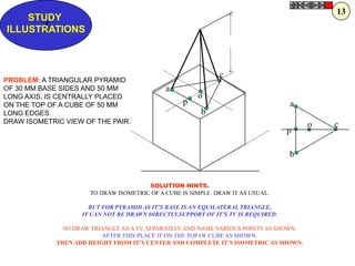 13
    STUDY
      Z
ILLUSTRATIONS



                                                              c
PROBLEM: A TRIANGULAR PYRAMID
OF 30 MM BASE SIDES AND 50 MM                a
LONG AXIS, IS CENTRALLY PLACED                         o
ON THE TOP OF A CUBE OF 50 MM                      p                               a
LONG EDGES.                                             b
DRAW ISOMETRIC VIEW OF THE PAIR.                                                        o   c
                                                                                   p

                                                                                   b


                                       SOLUTION HINTS.
                      TO DRAW ISOMETRIC OF A CUBE IS SIMPLE. DRAW IT AS USUAL.

                      BUT FOR PYRAMID AS IT’S BASE IS AN EQUILATERAL TRIANGLE,
                    IT CAN NOT BE DRAWN DIRECTLY.SUPPORT OF IT’S TV IS REQUIRED.

               SO DRAW TRIANGLE AS A TV, SEPARATELY AND NAME VARIOUS POINTS AS SHOWN.
                          AFTER THIS PLACE IT ON THE TOP OF CUBE AS SHOWN.
             THEN ADD HEIGHT FROM IT’S CENTER AND COMPLETE IT’S ISOMETRIC AS SHOWN.
 