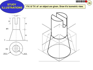 16
    STUDY
      Z                F.V. & T.V. of an object are given. Draw it‟s isometric view.
ILLUSTRATIONS


               10


          20
                     40


     FV


                     40

 X                     Y




     TV

 50 D               30 D
 