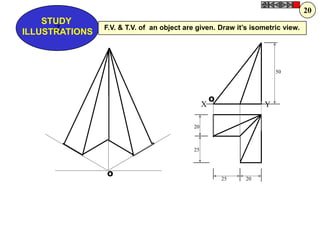 20
    STUDY
      Z         F.V. & T.V. of an object are given. Draw it‟s isometric view.
ILLUSTRATIONS



                                                                       50




                                                     O
                                                 X                 Y

                                            20



                                            25



                O
                                                         25   20
 