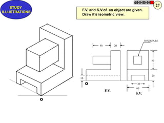 27
    STUDY
      Z
ILLUSTRATIONS
                     F.V. and S.V.of an object are given.
                     Draw it‟s isometric view.




                                                            30 SQUARE
                               40          20




                                                                50




                                                                20
                    10

                         O                           30
                                                     60
                                    F.V.
                                                    S.V.
                O
 