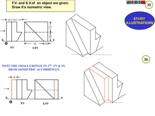 F.V. and S.V.of an object are given.
                                                              35
             Draw it‟s isometric view.


        10   10   15                                    STUDY
                                                          Z
                                                    ILLUSTRATIONS
                                      25


                                      25
X                                          Y
    O                     50     10
         FV               LSV


                                                            36
NOTE THE SMALL CHZNGE IN 2ND FV & SV.
   DRAW ISOMETRIC ACCORDINGLY.

             10




    X                                          Y
         O         FV           LSV
 