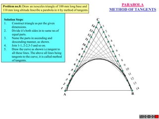 Problem no.8: Draw an isosceles triangle of 100 mm long base and                PARABOLA
110 mm long altitude.Inscribe a parabola in it by method of tangents.       METHOD OF TANGENTS

Solution Steps:                                                         C
1.    Construct triangle as per the given
      dimensions.
2.    Divide it’s both sides in to same no.of
      equal parts.
3.    Name the parts in ascending and
      descending manner, as shown.
4.    Join 1-1, 2-2,3-3 and so on.
5.    Draw the curve as shown i.e.tangent to
      all these lines. The above all lines being
      tangents to the curve, it is called method
      of tangents.




                                                   A                                B
 