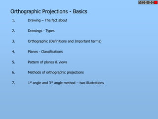 Orthographic Projections - Basics
1.     Drawing – The fact about

2.     Drawings - Types

3.     Orthographic (Definitions and Important terms)

4.     Planes - Classifications

5.     Pattern of planes & views

6.     Methods of orthographic projections

7.     1st angle and 3rd angle method – two illustrations
 