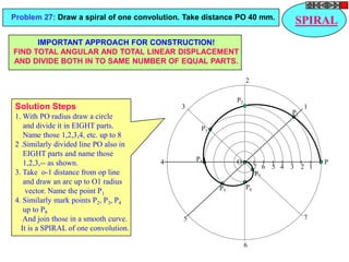 Problem 27: Draw a spiral of one convolution. Take distance PO 40 mm.
                                                                               SPIRAL
      IMPORTANT APPROACH FOR CONSTRUCTION!
FIND TOTAL ANGULAR AND TOTAL LINEAR DISPLACEMENT
AND DIVIDE BOTH IN TO SAME NUMBER OF EQUAL PARTS.

                                                                 2

                                                            P2
 Solution Steps                             3                                      1
                                                                              P1
 1. With PO radius draw a circle
    and divide it in EIGHT parts.                 P3
    Name those 1,2,3,4, etc. up to 8
 2 .Similarly divided line PO also in
    EIGHT parts and name those
                                        4        P4         O                          P
    1,2,3,-- as shown.                                                7 6 5 4 3 2 1
 3. Take o-1 distance from op line                                    P7
    and draw an arc up to O1 radius
                                                       P5        P6
     vector. Name the point P1
 4. Similarly mark points P2, P3, P4
    up to P8
    And join those in a smooth curve.        5                                     7
   It is a SPIRAL of one convolution.

                                                                 6
 