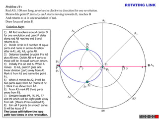 Problem 10 :                                                                              ROTATING LINK
 Rod AB, 100 mm long, revolves in clockwise direction for one revolution.
 Meanwhile point P, initially on A starts moving towards B, reaches B
 And returns to A in one revolution of rod.
 Draw locus of point P.                                                      A2

 Solution Steps
1) AB Rod revolves around center O
                                                      A1
                                                                                                 A3
for one revolution and point P slides
along rod AB reaches end B and
returns to A.
2) Divide circle in 8 number of equal                              p5
                                                                   p1
parts and name in arrow direction
after A-A1, A2, A3, up to A8.
3) Distance traveled by point P is AB
plus AB mm. Divide AB in 4 parts so
those will be 8 equal parts on return.   p4
4) Initially P is on end A. When A                                               p2                            A4
                                         A
moves to A1, point P goes one            P                 1+7              2+6 p         + 5
                                                                                           3          4   +B
linear division (part) away from A1.     p8                                           6
Mark it from A1 and name the point
P1.
5) When A moves to A2, P will be
two parts away from A2 (Name it P2
). Mark it as above from A2.                                     p7 p3
6) From A3 mark P3 three parts
away from P3.
7) Similarly locate P4, P5, P6, P7               A7
and P8 which will be eight parts away                                                           A5
from A8. [Means P has reached B].
8) Join all P points by smooth curve.
It will be locus of P
The Locus will follow the loop                                              A6
path two times in one revolution.
 