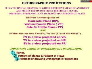 ORTHOGRAPHIC PROJECTIONS:
IT IS A TECHNICAL DRAWING IN WHICH DIFFERENT VIEWS OF AN OBJECT
          ARE PROJECTED ON DIFFERENT REFERENCE PLANES
    OBSERVING PERPENDICULAR TO RESPECTIVE REFERENCE PLANE
                  Different Reference planes are
                   Horizontal Plane (HP),
                 Vertical Frontal Plane ( VP )
                  Side Or Profile Plane ( PP)
                                And
   Different Views are Front View (FV), Top View (TV) and Side View (SV)
                FV is a view projected on VP.
                TV is a view projected on HP.
                SV is a view projected on PP.
    IMPORTANT TERMS OF ORTHOGRAPHIC PROJECTIONS:
     1 Planes.
      2 Pattern of planes & Pattern of views
       3 Methods of drawing Orthographic Projections
 