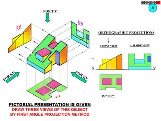 4
             FOR T.V.




                                       ORTHOGRAPHIC PROJECTIONS


                                       FRONT VIEW   L.H.SIDE VIEW




                                   X                                Y




                                        TOP VIEW


PICTORIAL PRESENTATION IS GIVEN
 DRAW THREE VIEWS OF THIS OBJECT
BY FIRST ANGLE PROJECTION METHOD
 
