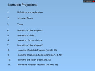 Isometric Projections
1. Definitions and explanation
2. Important Terms
3. Types.
4. Isometric of plain shapes-1.
5. Isometric of circle
6. Isometric of a part of circle
7. Isometric of plain shapes-2
8. Isometric of solids & frustums (no.5 to 16)
9. Isometric of sphere & hemi-sphere (no.17 & 18)
10. Isometric of Section of solid.(no.19)
11. Illustrated nineteen Problem (no.20 to 38)
 