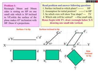 X Y
a
b c
d
a’
b’
c’d’
a1
b1 c1
d1
a1
b1
c1
d1
a’b’
d’c’ c’1 d’1
b’1 a’1
450
300
Problem 1:
Rectangle 30mm and 50mm
sides is resting on HP on one
small side which is 300
inclined
to VP,while the surface of the
plane makes 450
inclination with
HP. Draw it’s projections.
Read problem and answer following questions
1. Surface inclined to which plane? ------- HP
2. Assumption for initial position? ------// to HP
3. So which view will show True shape? --- TV
4. Which side will be vertical? ---One small side.
Hence begin with TV, draw rectangle below X-Y
drawing one small side vertical.
Surface // to Hp Surface inclined to Hp
Side
Inclined
to Vp
 