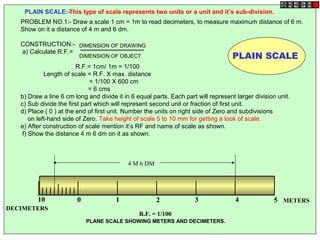 0 1 2 3 4 510
PLAIN SCALE:-This type of scale represents two units or a unit and it’s sub-division.
METERS
DECIMETERS
R.F. = 1/100
4 M 6 DM
PLANE SCALE SHOWING METERS AND DECIMETERS.
PLAIN SCALE
PROBLEM NO.1:- Draw a scale 1 cm = 1m to read decimeters, to measure maximum distance of 6 m.
Show on it a distance of 4 m and 6 dm.
CONSTRUCTION:-
a) Calculate R.F.=
R.F.= 1cm/ 1m = 1/100
Length of scale = R.F. X max. distance
= 1/100 X 600 cm
= 6 cms
b) Draw a line 6 cm long and divide it in 6 equal parts. Each part will represent larger division unit.
c) Sub divide the first part which will represent second unit or fraction of first unit.
d) Place ( 0 ) at the end of first unit. Number the units on right side of Zero and subdivisions
on left-hand side of Zero. Take height of scale 5 to 10 mm for getting a look of scale.
e) After construction of scale mention it’s RF and name of scale as shown.
f) Show the distance 4 m 6 dm on it as shown.
DIMENSION OF DRAWING
DIMENSION OF OBJECT
 