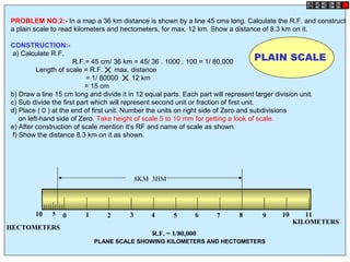 PROBLEM NO.2:- In a map a 36 km distance is shown by a line 45 cms long. Calculate the R.F. and construct
a plain scale to read kilometers and hectometers, for max. 12 km. Show a distance of 8.3 km on it.
CONSTRUCTION:-
a) Calculate R.F.
R.F.= 45 cm/ 36 km = 45/ 36 . 1000 . 100 = 1/ 80,000
Length of scale = R.F. max. distance
= 1/ 80000 12 km
= 15 cm
b) Draw a line 15 cm long and divide it in 12 equal parts. Each part will represent larger division unit.
c) Sub divide the first part which will represent second unit or fraction of first unit.
d) Place ( 0 ) at the end of first unit. Number the units on right side of Zero and subdivisions
on left-hand side of Zero. Take height of scale 5 to 10 mm for getting a look of scale.
e) After construction of scale mention it’s RF and name of scale as shown.
f) Show the distance 8.3 km on it as shown.
KILOMETERS
HECTOMETERS
8KM 3HM
R.F. = 1/80,000
PLANE SCALE SHOWING KILOMETERS AND HECTOMETERS
0 1 2 3 4 5 6 7 8 9 10 1110 5
PLAIN SCALE
 