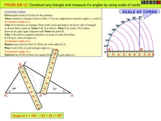 100
200
300
400
500
600
700
800 900
00
0 10 20 4030 7050 60 9080
OA
OA
B
O1 A1
B1
x
z
y
PROBLEM 12: Construct any triangle and measure it’s angles by using scale of cords.
CONSTRUCTION:
First prepare Scale of Cords for the problem.
Then construct a triangle of given sides. ( You are supposed to measure angles x, y and z)
To measure angle at x:
Take O-A distance in compass from cords scale and mark it on lower side of triangle
as shown from corner x. Name O & A as shown. Then O as center, O-A radius
draw an arc upto upper adjacent side.Name the point B.
Take A-B cord in compass and place on scale of cords from Zero.
It will give value of angle at x
To measure angle at y:
Repeat same process from O1. Draw arc with radius O1A1.
Place Cord A1B1 on scale and get angle at y.
To measure angle at z:
Subtract the SUM of these two angles from 1800
to get angle at z.
SCALE OF CORDS
0
10
20
40
30
70
5060
90
80
0
10
20
40
30
70
50
60
90
80
300550
Angle at z = 180 – ( 55 + 30 ) = 950
 