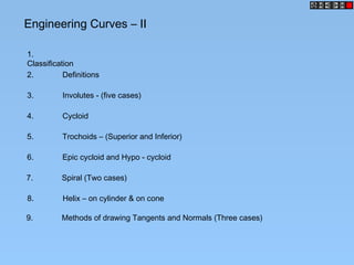 Engineering Curves – II
1.
Classification
2. Definitions
3. Involutes - (five cases)
4. Cycloid
5. Trochoids – (Superior and Inferior)
6. Epic cycloid and Hypo - cycloid
7. Spiral (Two cases)
8. Helix – on cylinder & on cone
9. Methods of drawing Tangents and Normals (Three cases)
 