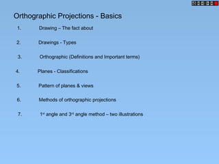 Orthographic Projections - Basics
1. Drawing – The fact about
2. Drawings - Types
3. Orthographic (Definitions and Important terms)
4. Planes - Classifications
5. Pattern of planes & views
6. Methods of orthographic projections
7. 1st
angle and 3rd
angle method – two illustrations
 
