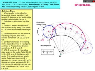 C
C1
C2
C3 C4
C
5
C
8
C6
C7
EPI CYCLOID :
P
O
R
r = CP
+
r
R
3600
=
1
2
3
4 5
6
7
Generating/
Rolling Circle
Directing Circle
PROBLEM 25: DRAW LOCUS OF A POINT ON THE PERIPHERY OF A CIRCLE
WHICH ROLLS ON A CURVED PATH. Take diameter of rolling Circle 50 mm
And radius of directing circle i.e. curved path, 75 mm.
Solution Steps:
1)  When smaller circle will roll on
larger circle for one revolution it will
cover Π D distance on arc and it will be
decided by included arc angle θ.
2)  Calculate θ by formula θ = (r/R) x
3600.
3)  Construct angle θ with radius OC
and draw an arc by taking O as center
OC as radius and form sector of angle
θ.
4)  Divide this sector into 8 number of
equal angular parts. And from C
onward name them C1, C2, C3 up to
C8.
5)  Divide smaller circle (Generating
circle) also in 8 number of equal parts.
And next to P in clockwise direction
name those 1, 2, 3, up to 8.
6)  With O as center, O-1 as radius
draw an arc in the sector. Take O-2, O-
3, O-4, O-5 up to O-8 distances with
center O, draw all concentric arcs in
sector. Take fixed distance C-P in
compass, C1 center, cut arc of 1 at P1.
Repeat procedure and locate P2, P3,
P4, P5 unto P8 (as in cycloid) and join
them by smooth curve. This is EPI –
CYCLOID.
 