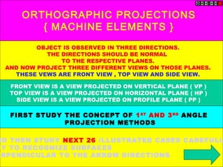 ORTHOGRAPHIC PROJECTIONS
{ MACHINE ELEMENTS }
OBJECT IS OBSERVED IN THREE DIRECTIONS.
THE DIRECTIONS SHOULD BE NORMAL
TO THE RESPECTIVE PLANES.
AND NOW PROJECT THREE DIFFERENT VIEWS ON THOSE PLANES.
THESE VEWS ARE FRONT VIEW , TOP VIEW AND SIDE VIEW.
FRONT VIEW IS A VIEW PROJECTED ON VERTICAL PLANE ( VP )
TOP VIEW IS A VIEW PROJECTED ON HORIZONTAL PLANE ( HP )
SIDE VIEW IS A VIEW PROJECTED ON PROFILE PLANE ( PP )
ND THEN STUDY NEXT 26 ILLUSTRATED CASES CAREFULL
RY TO RECOGNIZE SURFACES
ERPENDICULAR TO THE ARROW DIRECTIONS
FIRST STUDY THE CONCEPT OF 1ST
AND 3RD
ANGLE
PROJECTION METHODS
 