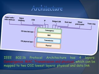 IEEE 802.16 Protocol Architecture has 4 layers:
Convergence, MAC, Transmission and physical, which can be
mapped to two OSI lowest layers: physical and data link
 