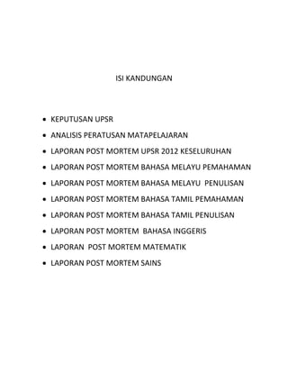 ISI KANDUNGAN
 KEPUTUSAN UPSR
 ANALISIS PERATUSAN MATAPELAJARAN
 LAPORAN POST MORTEM UPSR 2012 KESELURUHAN
 LAPORAN POST MORTEM BAHASA MELAYU PEMAHAMAN
 LAPORAN POST MORTEM BAHASA MELAYU PENULISAN
 LAPORAN POST MORTEM BAHASA TAMIL PEMAHAMAN
 LAPORAN POST MORTEM BAHASA TAMIL PENULISAN
 LAPORAN POST MORTEM BAHASA INGGERIS
 LAPORAN POST MORTEM MATEMATIK
 LAPORAN POST MORTEM SAINS
 