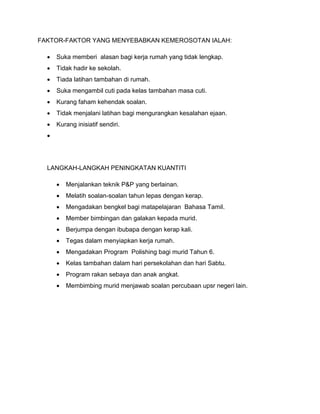 FAKTOR-FAKTOR YANG MENYEBABKAN KEMEROSOTAN IALAH:
 Suka memberi alasan bagi kerja rumah yang tidak lengkap.
 Tidak hadir ke sekolah.
 Tiada latihan tambahan di rumah.
 Suka mengambil cuti pada kelas tambahan masa cuti.
 Kurang faham kehendak soalan.
 Tidak menjalani latihan bagi mengurangkan kesalahan ejaan.
 Kurang inisiatif sendiri.

LANGKAH-LANGKAH PENINGKATAN KUANTITI
 Menjalankan teknik P&P yang berlainan.
 Melatih soalan-soalan tahun lepas dengan kerap.
 Mengadakan bengkel bagi matapelajaran Bahasa Tamil.
 Member bimbingan dan galakan kepada murid.
 Berjumpa dengan ibubapa dengan kerap kali.
 Tegas dalam menyiapkan kerja rumah.
 Mengadakan Program Polishing bagi murid Tahun 6.
 Kelas tambahan dalam hari persekolahan dan hari Sabtu.
 Program rakan sebaya dan anak angkat.
 Membimbing murid menjawab soalan percubaan upsr negeri lain.
 
