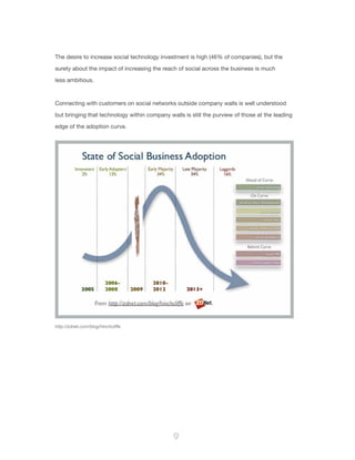 9
The desire to increase social technology investment is high (46% of companies), but the
surety about the impact of increasing the reach of social across the business is much
less ambitious.
Connecting with customers on social networks outside company walls is well understood
but bringing that technology within company walls is still the purview of those at the leading
edge of the adoption curve.
http://zdnet.com/blog/hinchcliffe
 