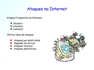 Ataques na Internet Ataques frequentes na Internet: Hackers Crackers Lammers Outros tipos de ataques: Ataques por publicidade Negação de serviço Ataques internos Ataques destrutivos 