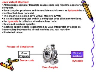 Java Virtual Machine:
• All language compiler translate source code into machine code for specific
computer.
• Java compil...