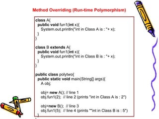 Method Overriding (Run-time Polymorphism)

 class A{
   public void fun1(int x){
     System.out.println("int in Class A i...