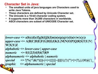 Character Set in Java:
•   The smallest units of java languages are Characters used to
    write Java Tokens.
•   These ch...