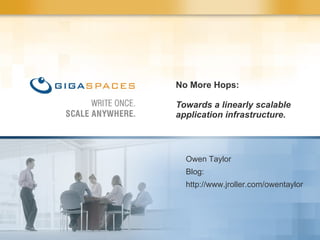 No More Hops: Towards a linearly scalable application infrastructure. Owen Taylor Blog: http://www.jroller.com/owentaylor 