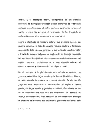 130
empleo) y el desempleo masivo, acompañados de una ofensiva
neoliberal de desregulación tienden a crear asimetrías de poder en la
sociedad y en el mercado laboral, lo cual crea condiciones para que el
capital erosione los patrones de protección de los trabajadores
acelerando nuevas diferenciaciones a costa de estos.
Sobre lo planteado es necesario aclarar, que el mismo método que
permite aumentar la tasa de plusvalía relativa, acelera la tendencia
decreciente de la cuota de ganancia, lo que se tiende a contrarrestar
a través del aumento del grado de explotación del trabajo, reducción
del salario por debajo de su valor, abaratamiento de los elementos del
capital constante, manipulación de la superpoblación relativa, el
comercio exterior y el aumento del capital por acciones.
En el contexto de la globalización este método se combina con
jornadas extendidas, bajos salarios y la llamada flexibilidad laboral,
es decir, a través del aumento de la tasa de plusvalía. En ello también
juega un papel importante la precarización del empleo a tiempo
parcial, con bajos salarios y jornadas extendidas. Esta última, es una
de las características cada vez más dominantes del mercado de
trabajo norteamericano; según estudios, los norteamericanos trabajan
un promedio de 164 horas más anualmente, que veinte años atrás, esto
(s/f) figura 2.1 p. 9.
 