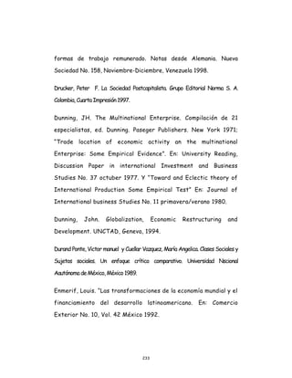 233
formas de trabajo remunerado. Notas desde Alemania. Nueva
Sociedad No. 158, Noviembre-Diciembre, Venezuela 1998.
Drucker, Peter F. La Sociedad Postcapitalista. Grupo Editorial Norma S. A.
Colombia, CuartaImpresión1997.
Dunning, JH. The Multinational Enterprise. Compilación de 21
especialistas, ed. Dunning. Paseger Publishers. New York 1971;
“Trade location of economic activity an the multinational
Enterprise: Some Empirical Evidence”. En: University Reading,
Discussion Paper in international Investment and Business
Studies No. 37 octuber 1977. Y “Toward and Eclectic theory of
International Production Some Empirical Test” En: Journal of
International business Studies No. 11 primavera/verano 1980.
Dunning, John. Globalization, Economic Restructuring and
Development. UNCTAD, Geneva, 1994.
Durand Ponte, Victor manuel y Cuellar Vazquez, María Angelica. Clases Sociales y
Sujetos sociales. Un enfoque crítico comparativo. Universidad Nscional
Aautónomade México, México 1989.
Enmerif, Louis. “Las transformaciones de la economía mundial y el
financiamiento del desarrollo latinoamericano. En: Comercio
Exterior No. 10, Vol. 42 México 1992.
 