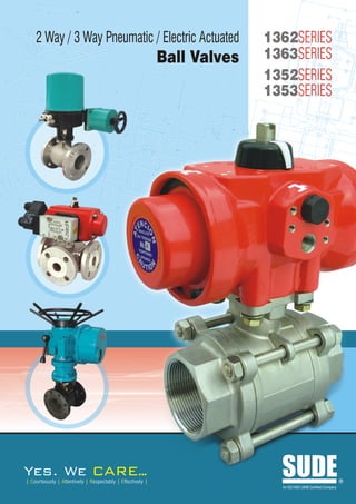 L            M                                                                                                                                             O
                                                                                                                                                        F



    2 Way / 3 Way Pneumatic / Electric Actuated                                                                     1362SERIES
                                                                Ball Valves
                                                                G                                                   1363SERIES
                                                                                                                    1352SERIES
                                                                                    H




                                            F
                                                                                                                    1353SERIES       7

                                                K                                                                   8
                                                                                                                                                                         W
                                                                                                                    4
                                                                                                    M
                                                    7
                                                                                                        L   D
                                                                    I                                                   C
                                                                                J
                                   8                                                                                                                  X
                                                                        W
                                                                                                                1
                                   3


                           D                                                                    2
                                       C                                                    5

                                                            X                               6
                               1
                                                                                                                              B
                                                                                        4
                                                                                                                                            A

                                                                                    9
                                            B

                                                        A
                                                                            E




Yes. We                                    ARE..
                                               .
| Courteously | Attentively | Respectably | Effectively |
                                                                                                                            SUDE
                                                                                                                            An ISO 9001:2008 Certified Company
                                                                                                                                                                 R
 
