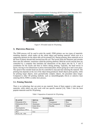 International Journal of Computer Science & Information Technology (IJCSIT) Vol 13, No 6, December 2021
63
Figure 4. 3D model ready for 3D printing
3. PRINTING PROCESS
The FDM process will be used to print the model. FDM printers use two types of materials:
modeling material, which makes up the whole object and backing material, which acts as a
supporting skeleton for the object that will be printed [16]. During printing, these materials are in
the form of plastic threads that unwind from the coil. The nozzle melts the filaments and extrudes
them onto the substrate, sometimes called the printing platform. Both the nozzle and the base are
controlled by a computer that translates the dimensions of the object into the X, Y and Z
coordinates for the nozzle and base to follow during printing. Typically, the head moves in
layers, moving in two dimensions to print a horizontal plane, before going up to start a new piece.
The speed of the extruder head can also be controlled to stop and start releasing the material. The
printing time depends on the size of the object being produced. Small objects print quickly, while
for printing larger objects, more geometrically complex objects, the procedure takes longer.
Compared to other 3D printing methods, such as stereolithography (SLA) or selective laser
sintering (SLS), FDM is a rather slow process.
3.1. Printing Materials
There is no technology that can print on any material. Some of them support a wide range of
materials, while others can only work with one specific material [14]. Table 3 lists the most
popular materials used for 3D printing.
Table 3. Separation of materials for 3D printing
MATERIALS
PLASTIC METAL RESIN OTHER
Polyamide (PA) Bronze Transparent Wax
Polylactide (PLA) Aluminum Non-Transparent Ceramics
ABS Gold, Silver Flexible Wood
Thermoplastic
Polyurethane (TPU)
Titanium
PET Iron
PETG, PC, TPE
 